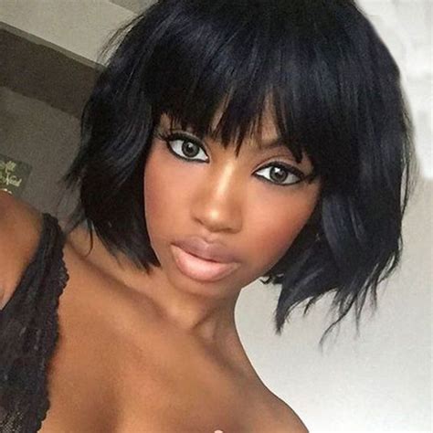Short straight weave with thick bang. Front lace wigs human hair, Short human hair wigs, Weave ...