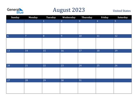 United States August 2023 Calendar With Holidays