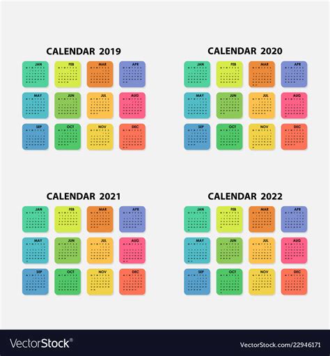 Calendar 2019 2020 2021 And 2022 Royalty Free Vector Image