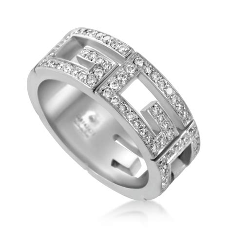 Estate Gucci Womens 18k White Gold Diamond Cut Out Band Ring Luxury