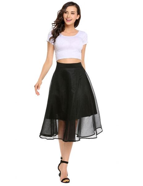 Cheap Solid High Waist Mesh A Line Skirts Online