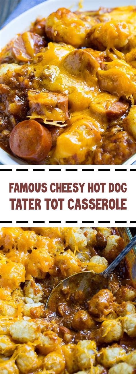 Sliced hot dogs, chili, tater tots, and cheddar cheese combine to make an easy and delicious meal. Famous Cheesy Hot Dog Tater Tot Casserole #hotdog #glutenfree