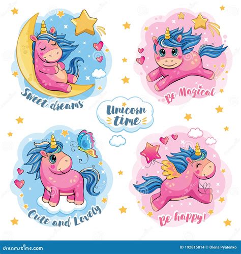 Set Of Cute Funny Unicorns Cartoon And Fabulous Illustration With