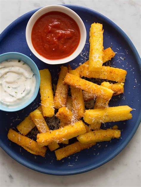 Place polenta wedges on a rimmed baking sheet, drizzle with oil, and season with salt and pepper. Polenta Fries recipe | Spoon Fork Bacon