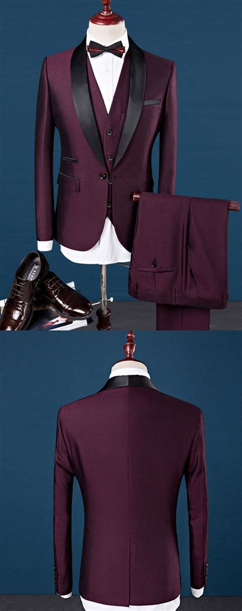 Black And Burgundy Groom Suit For Wedding Prom Tuxedo For Men Shawl