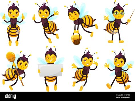 Cartoon Bee Mascot Cute Honeybee Flying Bees And Happy Funny Yellow