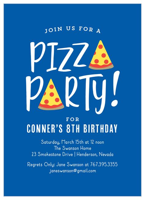 Download your creation to share via email, sms or whatsapp, or print it at your home or at a profesional printshop. Pizza Party Children's Birthday Invitations by Basic Invite