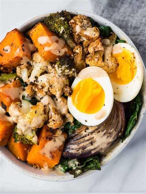 Healthy Whole30 Vegetarian Power Bowl Roasted Veggies Topped With A