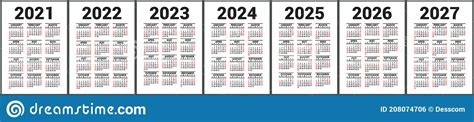 Calendar 2021 2022 2023 And 2024 2025 2026 And 2027 English Vector