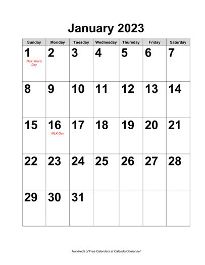 Free 2023 Large Number Calendar With Holidays