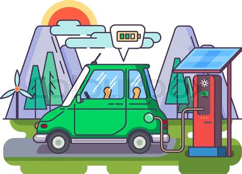 Ecological Car Charged By Electric Charge Vector Illustration