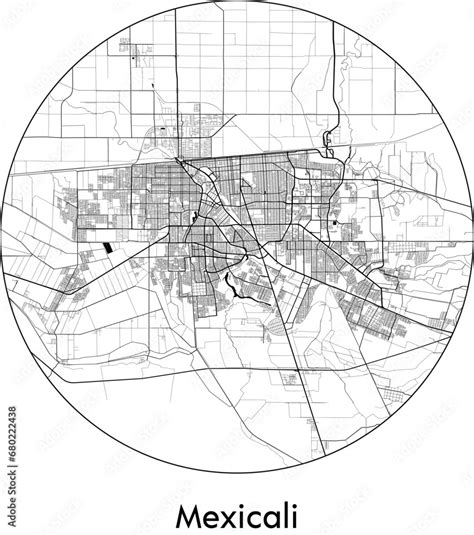 Minimal City Map Of Mexicali Mexico North America Black White Vector