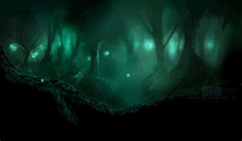 A Dark Forest With Lots Of Green Light Coming From The Trees And Lights