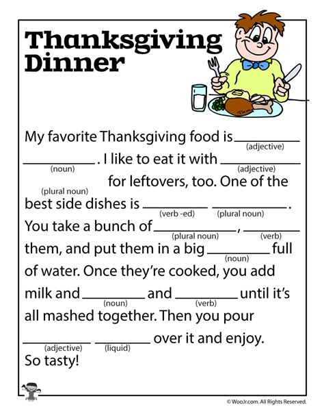 If you're looking for lots of free printables, you've come to the right place! Thanksgiving Dinner Mad Lib | Woo! Jr. Kids Activities