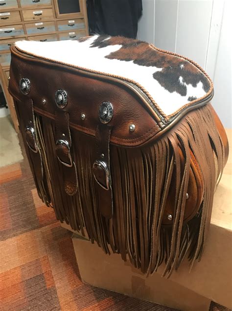Long upper saddlebag leather tan fringe - Native American Motorcycle