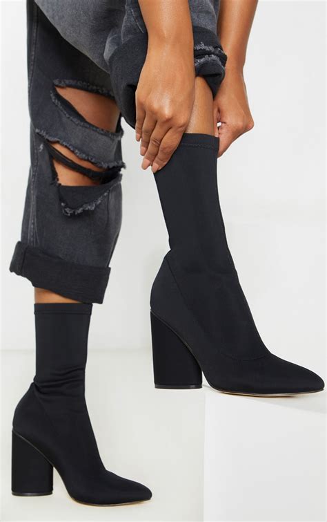 black chunky block heel sock boot shoes prettylittlething ire