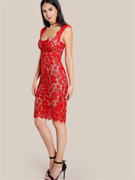 Lace Overlay Bodycon Dress Red Sheinsheinside Red Bodycon Dress Red Dress Dresses