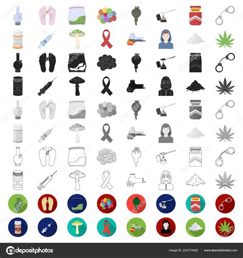 Drug Addiction And Attributes Cartoon Icons In Set Collection For