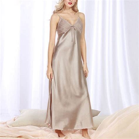 Womens Satin And Deep V Neck Lace Long Chemise Negligee Nightdress Silk Nightie Ebay