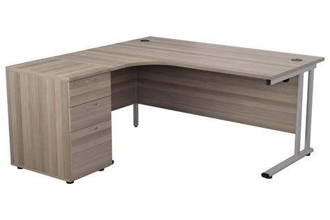 Sandy champagne metal frame and legs. Grey Oak L-Shaped (Left) 1800mm Corner Desk & 3 Drawer ...