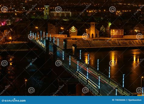 Kaunas Aerial Night View Aleksotas Bridge Lithuania Stock Photo