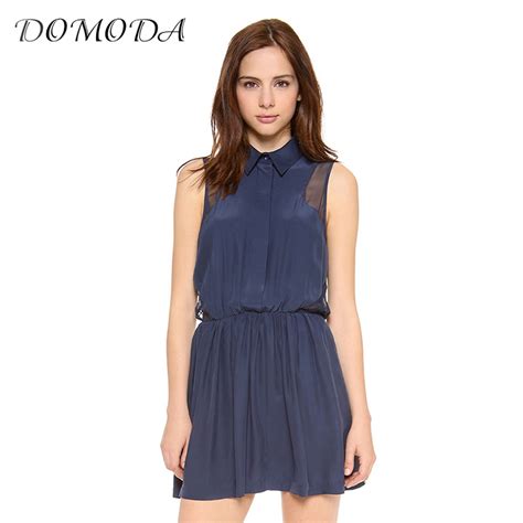 Domoda Women Dress Solid Blue Sleeveless Sheer Mesh Patchwork Sexy