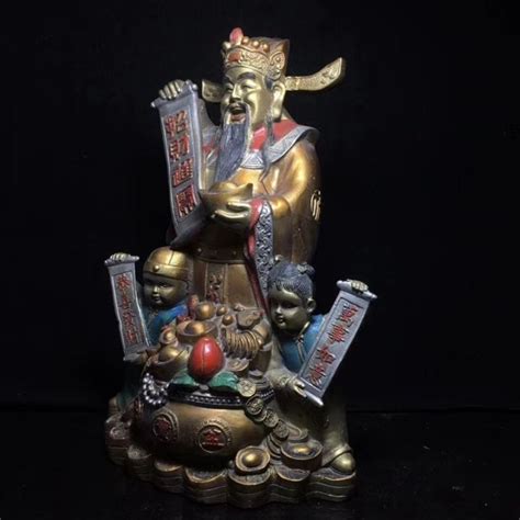 Antique Pure Copper Painted Lucky Jin Bao Wen God Of Wealth Golden Boy