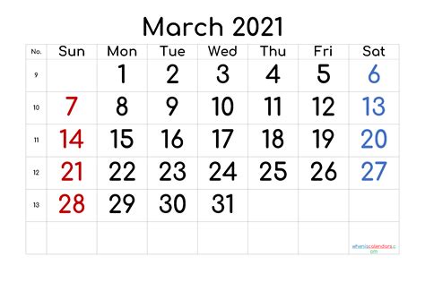 Free Printable March 2021 Calendar Template M21comfortaa4