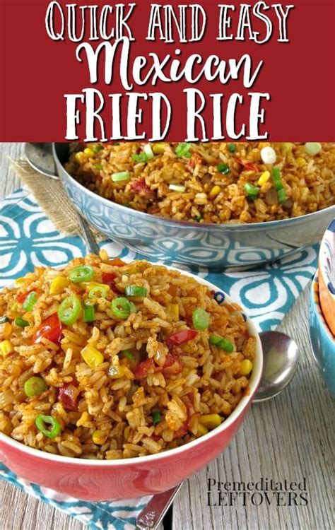 Mexican Fried Rice In A Red Bowl On A Blue And White Tablecloth With