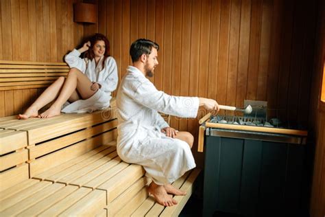 Couple Enjoying Finnish Sauna Stock Image Image Of Leisure Relax 99105021