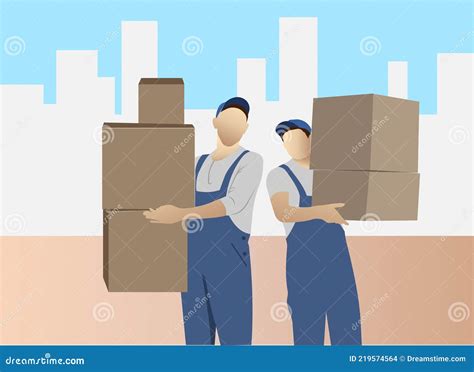 Vector Illustration Of Couriers Delivering Parcels To Customers Stock