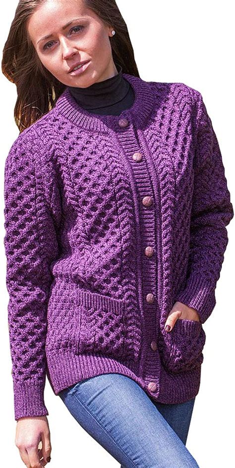 Irish Aran Knitwear 100 Merino Wool Womens Cardigan Sweater With