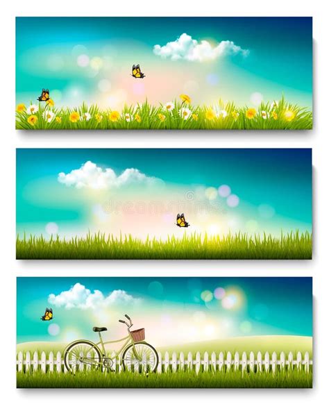 Set Of Spring Nature Landscape Banners Stock Vector Illustration Of