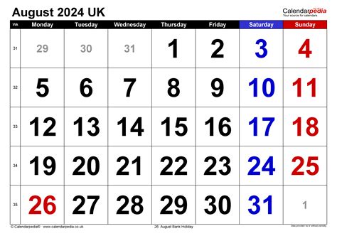 Calendar August 2024 Uk With Excel Word And Pdf Templates