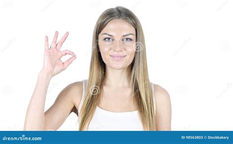 Woman Showing Ok Sign White Background Stock Image Image Of Assignment Approving