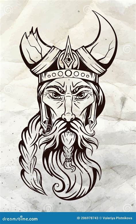 Vector Sketch Portrait Of An Ancient Viking In A Horned Helmet On Old