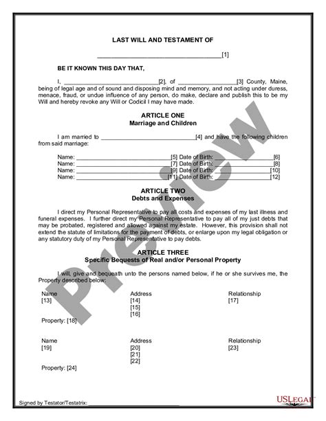Maine Legal Last Will And Testament Form For Married Person With Minor