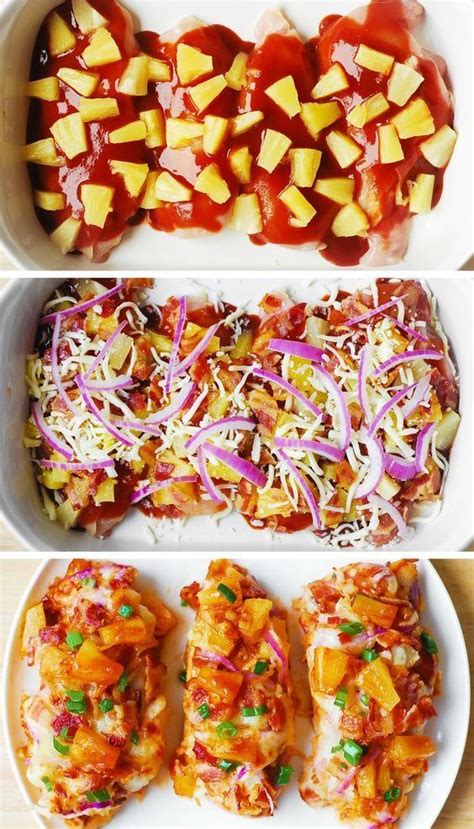 Thread the red onion, red pepper (capsicum) piece), pineapple, green pepper, bacon and chicken onto skewers, wrapping the bacon around the chicken as pictured above. Bacon Pineapple BBQ Chicken Bake | Baked bbq chicken ...
