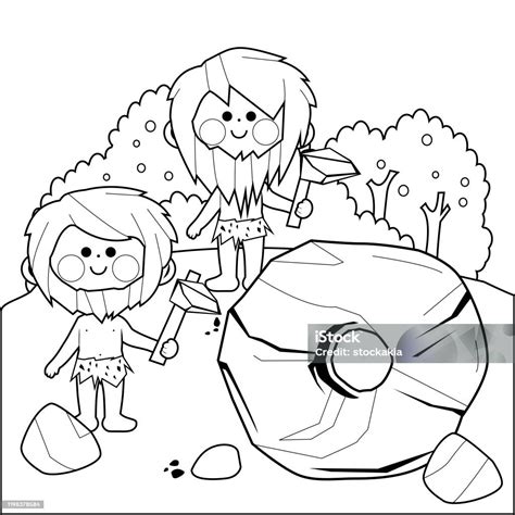 Cavemen Inventing The Wheel Vector Black And White Coloring Page Stock