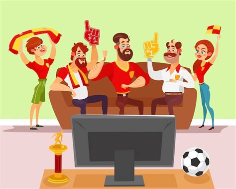 Vector Cartoon Illustration Of A Group Of Friends Watching A Football
