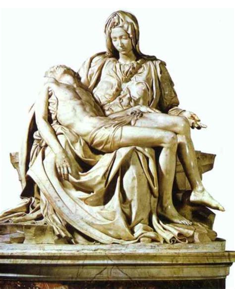 미켈란젤로 피에타 이 조각상에서 묘사된 몸은 예수와 마리아의 몸입니다 예수와 마리아 각각의 몸을 잘 살펴보면 작가가