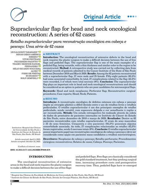 Pdf Supraclavicular Flap For Head And Neck Oncological Reconstruction