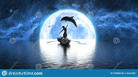 Dolphin Jumping Over A Boat With A Dancing Woman On The Background Of