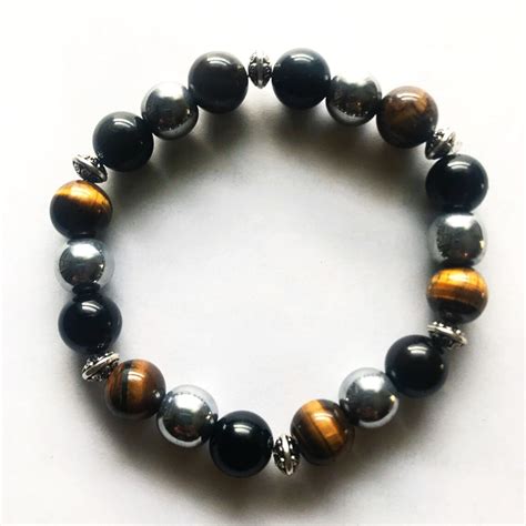 Genuine Tiger Eye Hematite Black Onyx Bead Bracelet Etsy