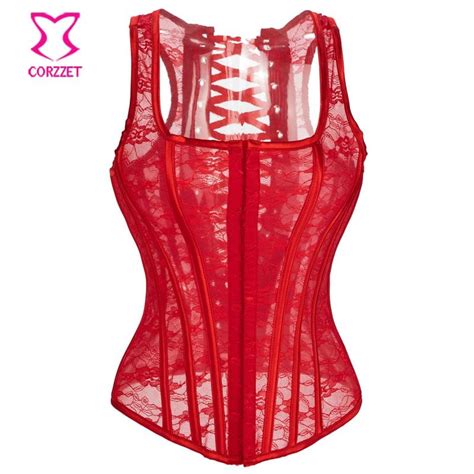 Corzzet Red Floral Hollow Out Lace Ovebrust Corset Vest Body Shaperwear