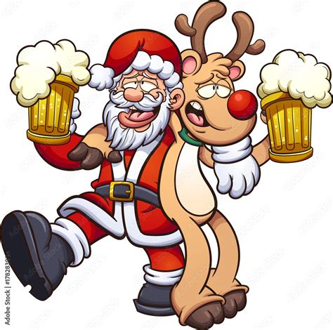 Drunk Santa Claus And Reindeer Vector Clip Art Illustration With