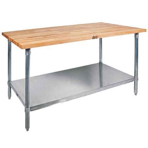 The chefs stainless steel table features 16 gauge commercial food service grade stainless steel (18/8 grade), it has a reinforced medium polished top and solid stainless legs and cross supports. John Boos & Co. SNS11-X Wood Top Work Table with Stainless Steel Base and Adjustable Undershelf ...