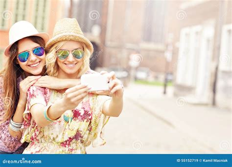 Two Happy Girl Friends Taking Selfie Stock Image Image Of Group Chat 55152719