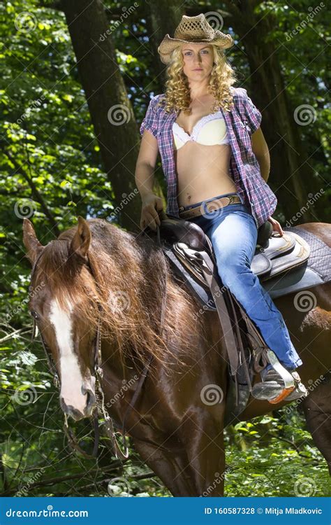 Cowgirl On Her Stallion Stock Photo Image Of Beauty