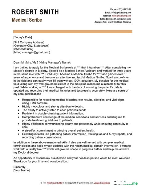 Medical Scribe Cover Letter Examples Qwikresume
